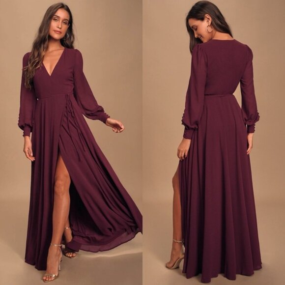 Lulus | My Whole Heart Plum Long Sleeve Wrap Dress - Picture 1 of 7